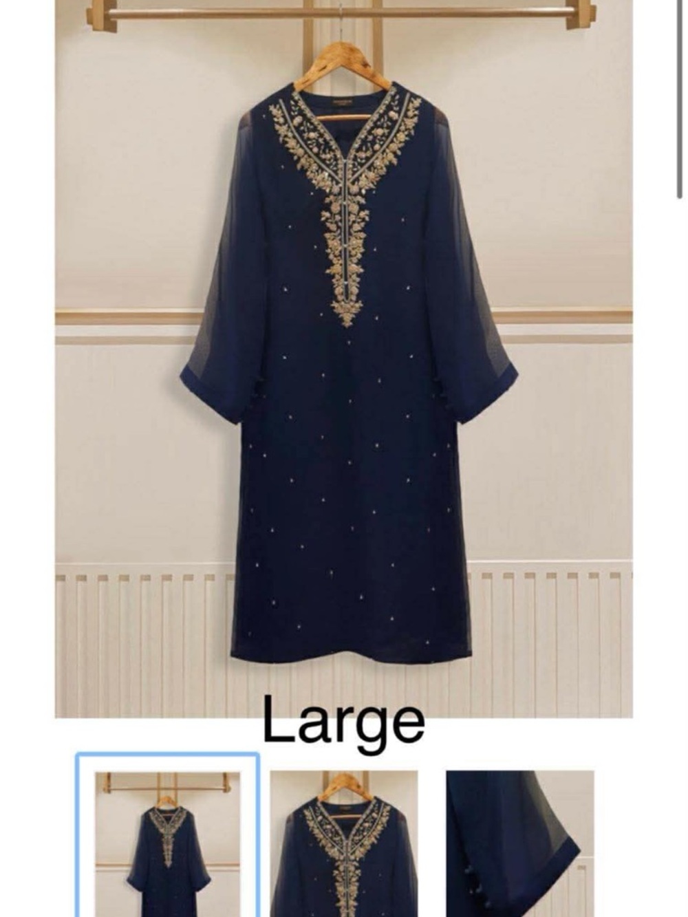Navy Embroidered V-Neck Long Sleeve Dress